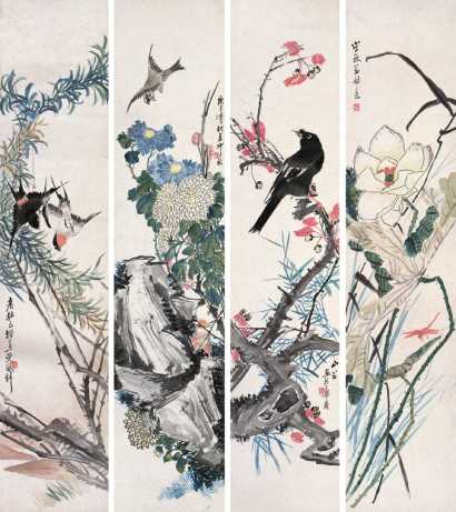 沙山春 庚子(1900年)作 花鸟 （四张） 镜心